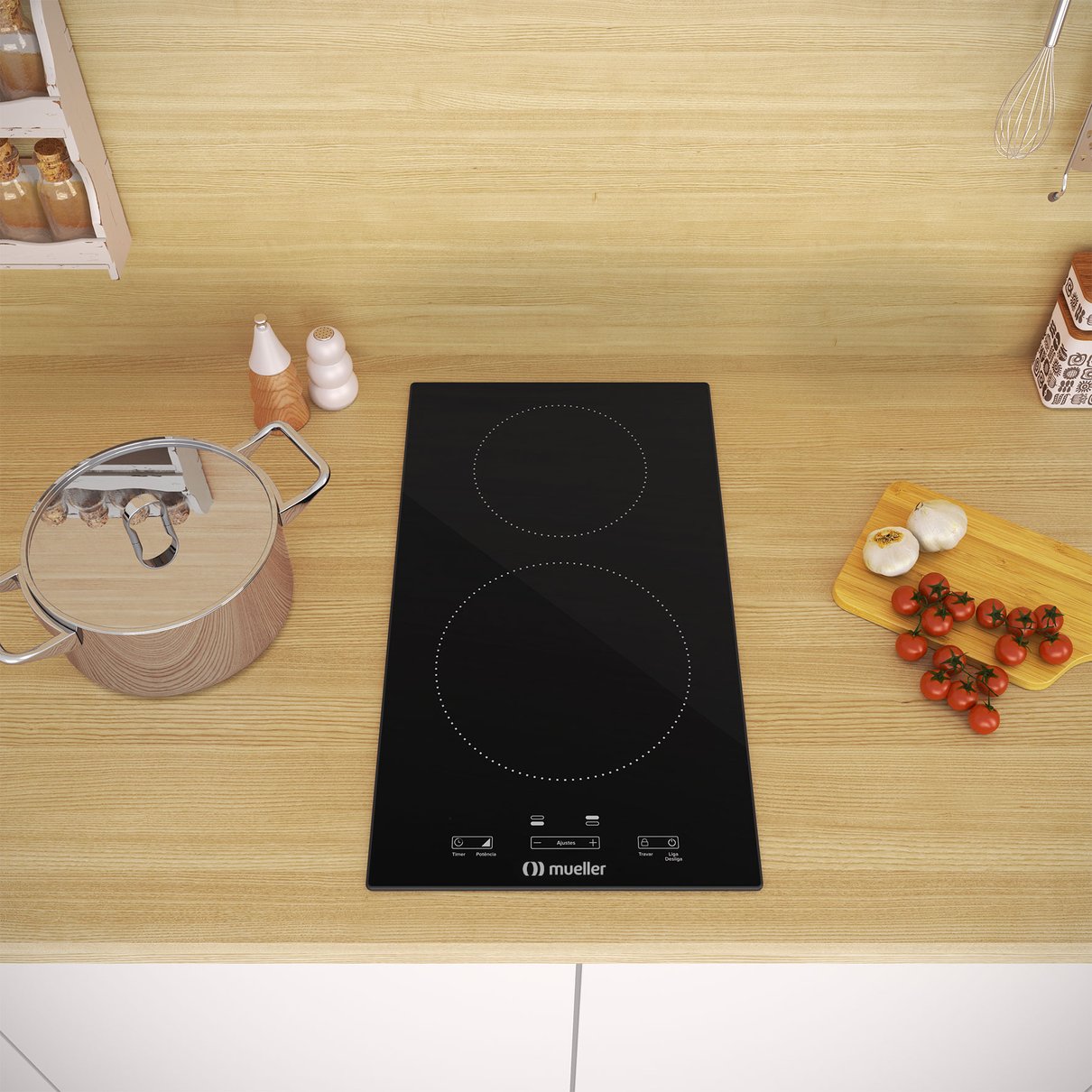 Cooktop de indu&ccedil;&atilde;o 2 bocas com mesa vitrocer&acirc;mica preta